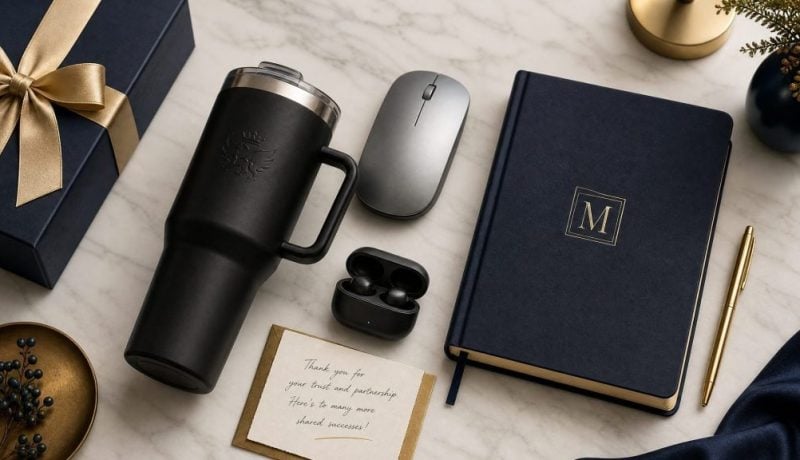 Premium corporate gift set flat-lay on marble surface featuring Stanley tumbler, wireless mouse, monogrammed notebook, wireless earbuds, and handwritten thank-you card