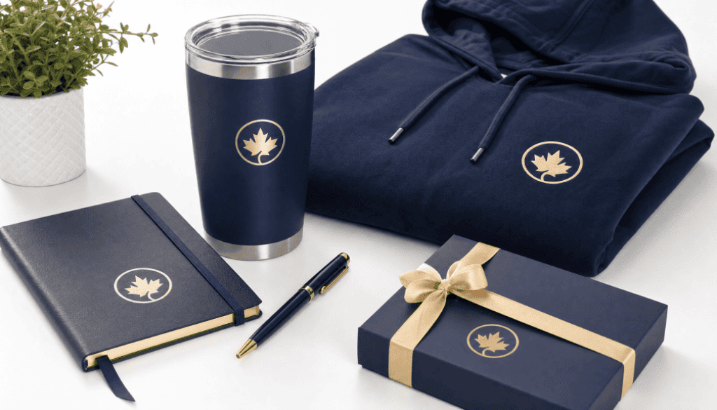Premium custom branded promotional products including a navy tumbler, hoodie, leather notebook, pen, and gift box arranged on a white surface