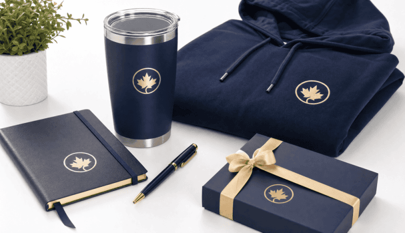 Premium custom branded promotional products including a navy tumbler, hoodie, leather notebook, pen, and gift box arranged on a white surface