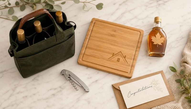 Premium real estate closing gift flat-lay: bamboo cutting board, wine bag, maple syrup, corkscrew, and congratulations card on marble