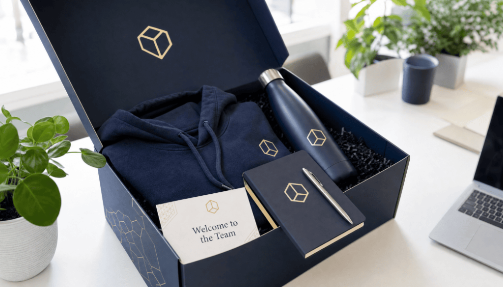Open custom-branded corporate welcome kit box containing a navy hoodie, insulated water bottle, leather notebook, pen, and welcome card on a white desk