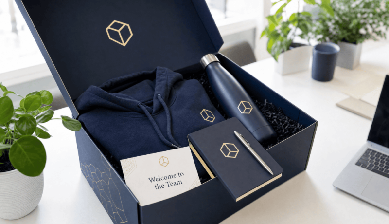 Open custom-branded corporate welcome kit box containing a navy hoodie, insulated water bottle, leather notebook, pen, and welcome card on a white desk