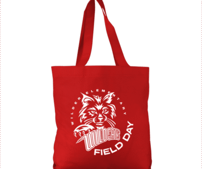 Red tote bag with Wildcats Field Day logo for promotional use.