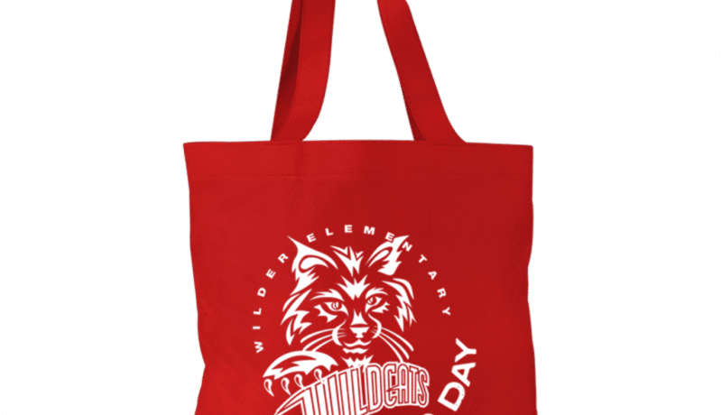 Red tote bag with Wildcats Field Day logo for promotional use.