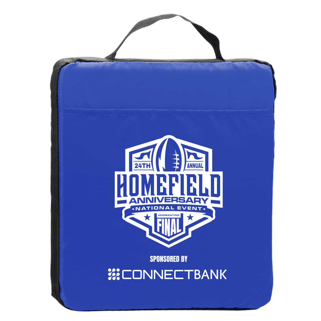 Blue insulated cooler bag with Homefield Anniversary logo and ConnectBank sponsorship.