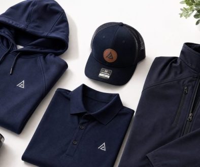 Custom branded corporate apparel Canada - hoodies, polo shirts, trucker caps, and softshell jackets flat lay