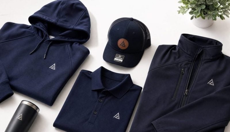 Custom branded corporate apparel Canada - hoodies, polo shirts, trucker caps, and softshell jackets flat lay