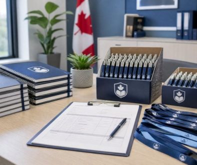 Custom school supplies bulk order Canada — branded notebooks and pens