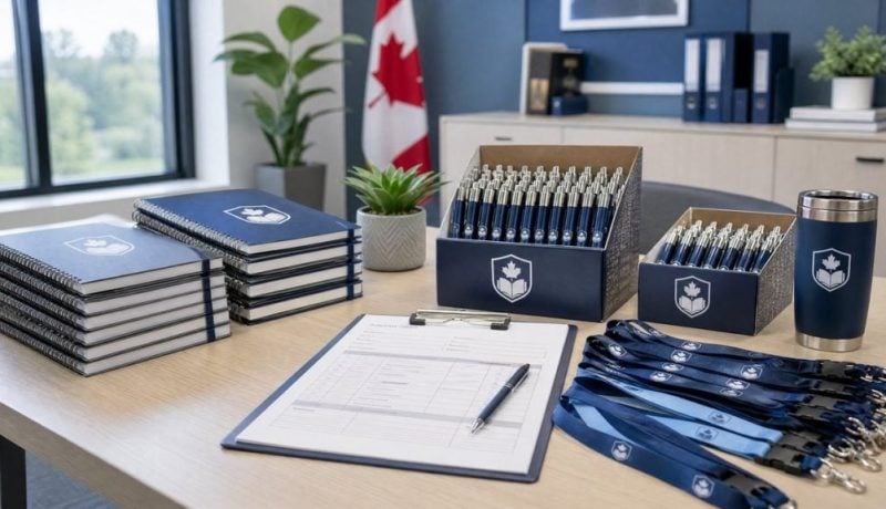 Custom school supplies bulk order Canada — branded notebooks and pens