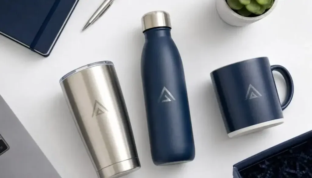 Set of branded drinkware including tumbler, water bottle, and mug on desk.