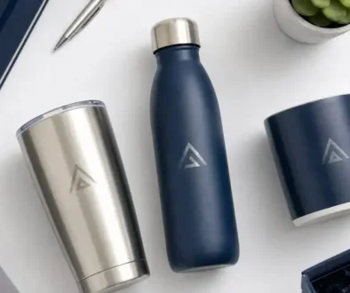 Set of branded drinkware including tumbler, water bottle, and mug on desk.