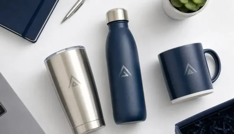 Set of branded drinkware including tumbler, water bottle, and mug on desk.