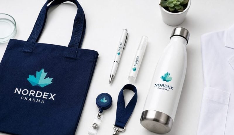 Promotional tote bag and water bottle with Nordx Pharma logo for branding.
