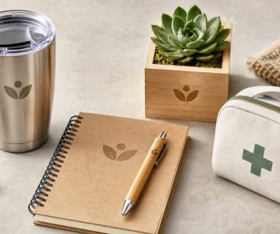 Corporate wellness promotional products Canada - insulated tumbler, mindfulness journal, bamboo pen, succulent planter, first aid kit