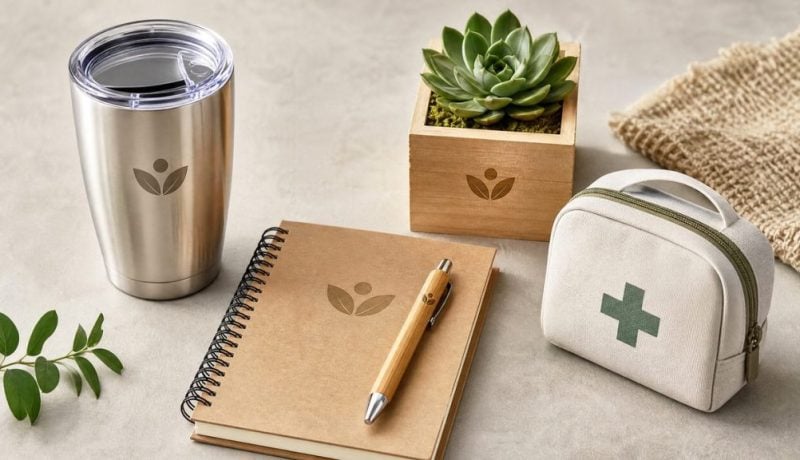Corporate wellness promotional products Canada - insulated tumbler, mindfulness journal, bamboo pen, succulent planter, first aid kit
