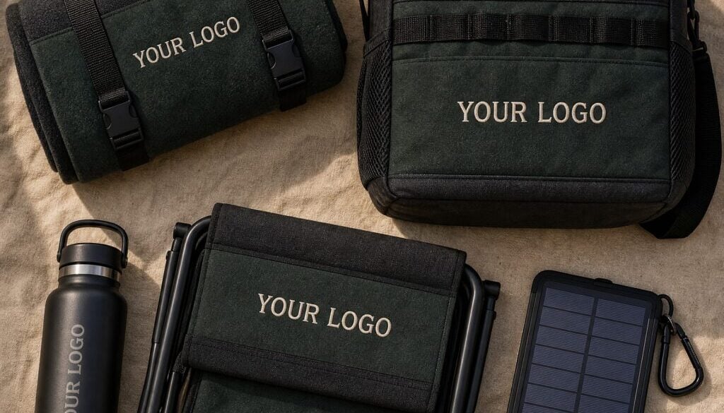Branded camping gear for a Canadian corporate retreat with YOUR LOGO on the products