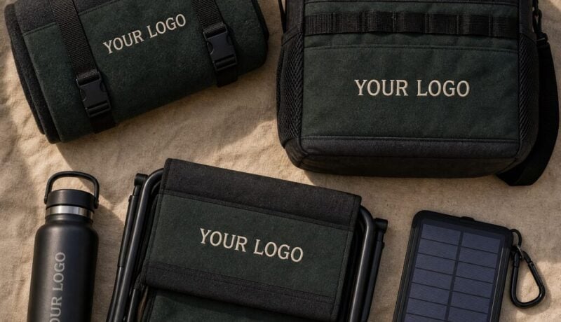 Branded camping gear for a Canadian corporate retreat with YOUR LOGO on the products