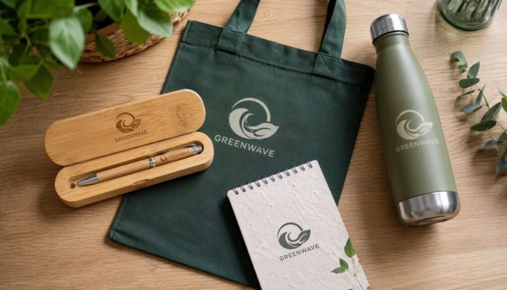 Eco-friendly branded promotional products Canada — bamboo pen set, RPET tote bag, reusable water bottle, and seed paper notepad