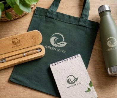 Eco-friendly branded promotional products Canada — bamboo pen set, RPET tote bag, reusable water bottle, and seed paper notepad