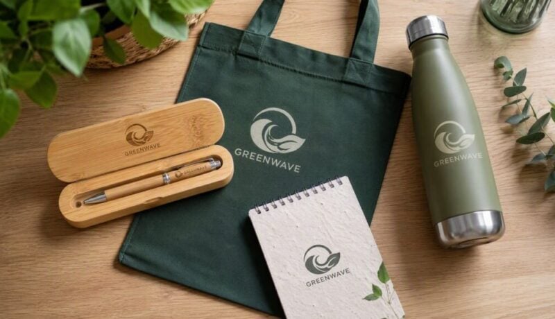 Eco-friendly branded promotional products Canada — bamboo pen set, RPET tote bag, reusable water bottle, and seed paper notepad