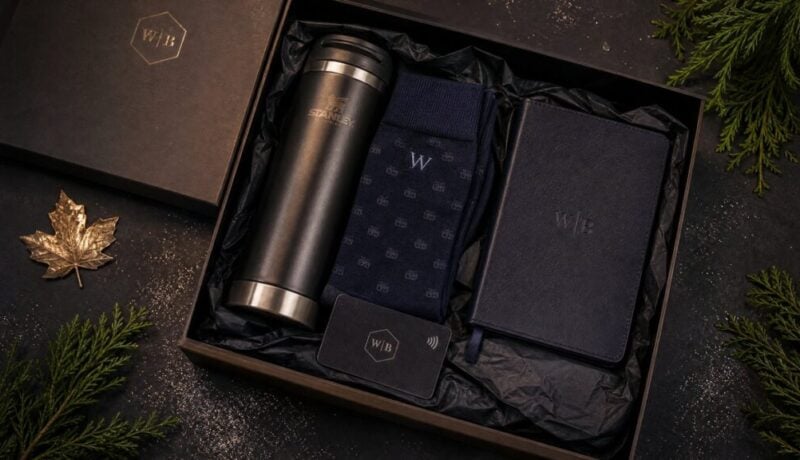 Elegant gift set including a stainless steel thermos, socks, and notebook.