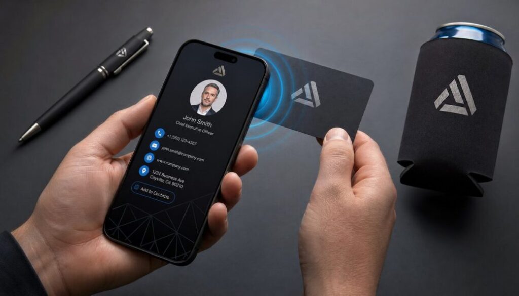 Custom NFC promotional products Canada — digital business card, smart pen, and smartphone tapping for engagement