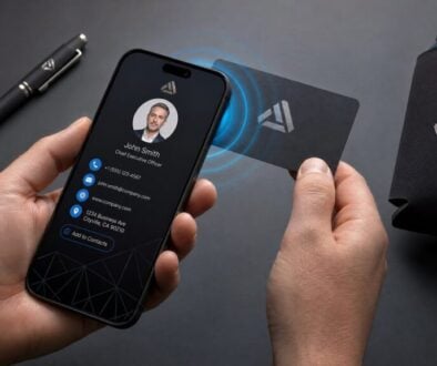Custom NFC promotional products Canada — digital business card, smart pen, and smartphone tapping for engagement
