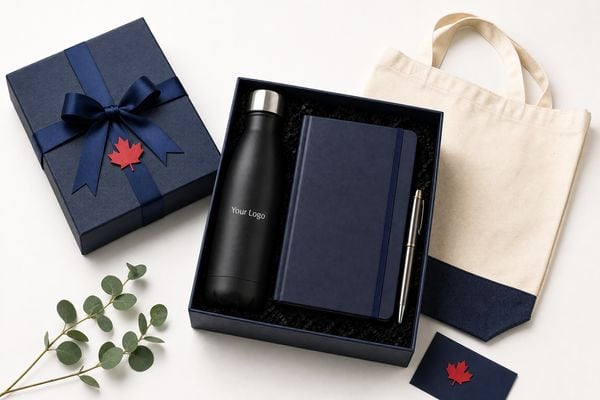 Premium custom corporate gift box with water bottle, notebook, pen and tote bag