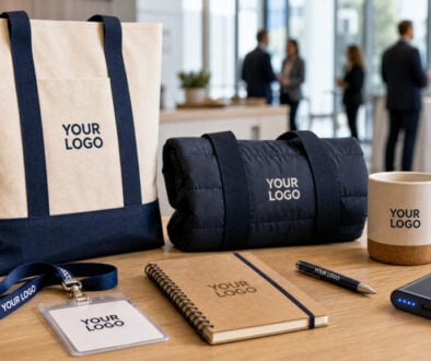 Small Business Week event merchandise with YOUR LOGO on totes, lanyard, badge, notebook, mug and power bank
