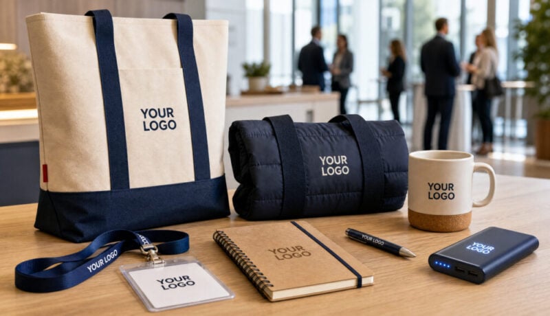 Small Business Week event merchandise with YOUR LOGO on totes, lanyard, badge, notebook, mug and power bank
