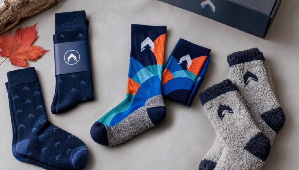 Custom branded corporate socks Canada — premium knit dress socks and athletic crew socks with company logo