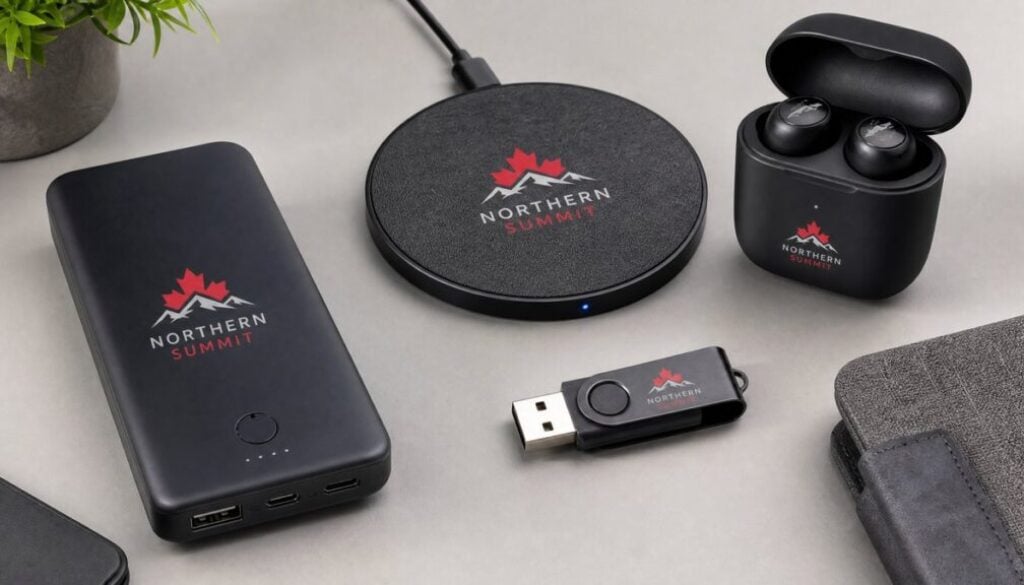 Custom branded tech accessories for Canadian trade shows — power bank, wireless charger, earbuds, and USB drive