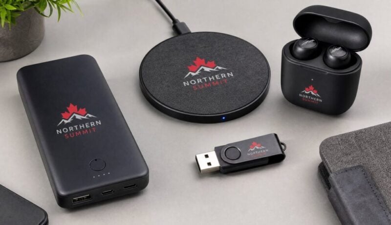 Custom branded tech accessories for Canadian trade shows — power bank, wireless charger, earbuds, and USB drive