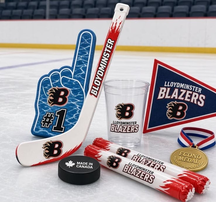 Hockey fan merchandise with Lloydminster Blazers logo and accessories.
