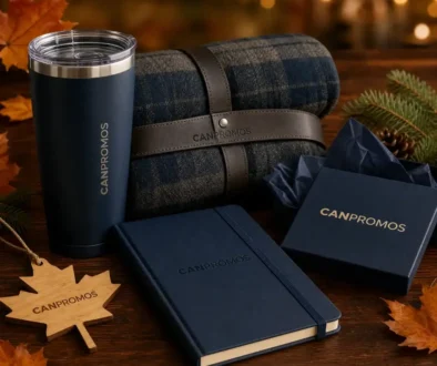 Promotional gift set with branded tumbler, notebook, and accessories from CanPromos.