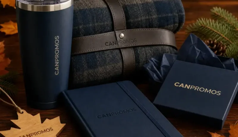 Promotional gift set with branded tumbler, notebook, and accessories from CanPromos.