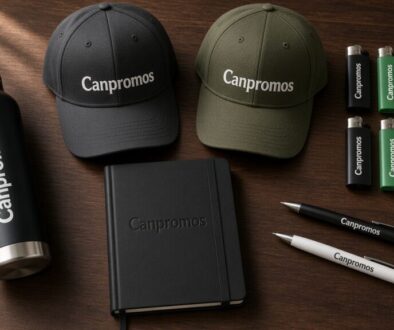 Canpromos branded premium corporate gifts with water bottle, caps, lighters, notebook, and pens