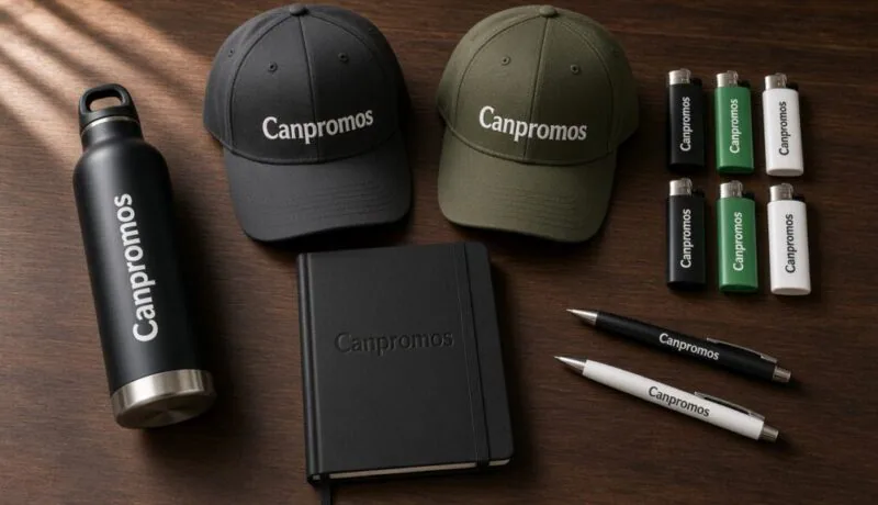 Canpromos branded premium corporate gifts with water bottle, caps, lighters, notebook, and pens