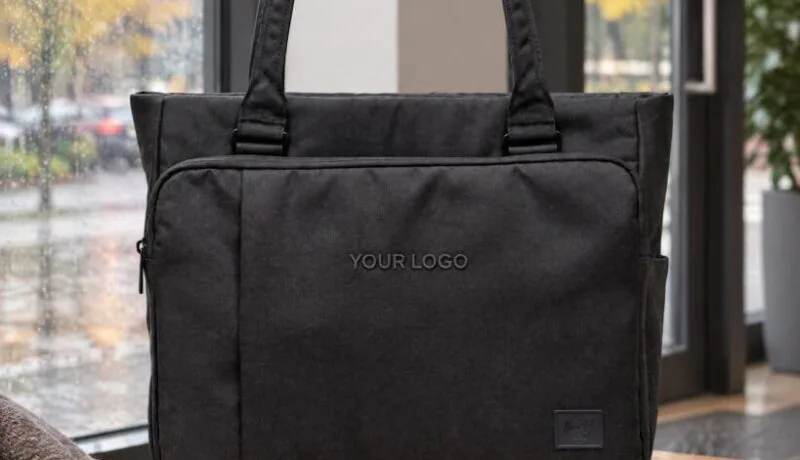 Herschel tech tote with the exact uppercase words YOUR LOGO embroidered directly on the front panel.