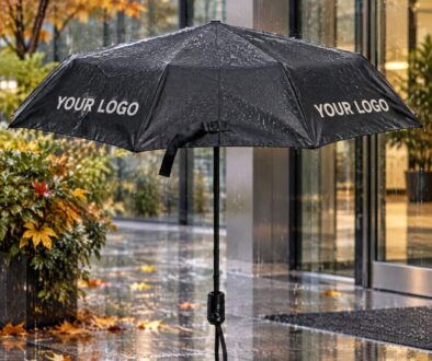 Horizon umbrella with the exact uppercase words YOUR LOGO printed directly on two canopy panels.