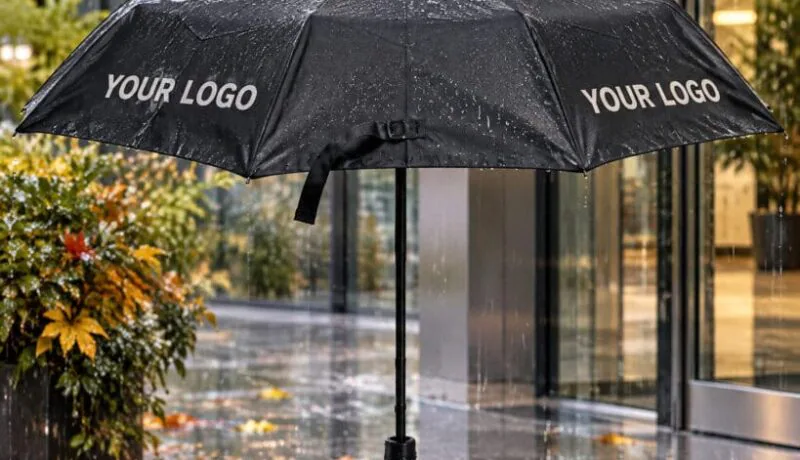Horizon umbrella with the exact uppercase words YOUR LOGO printed directly on two canopy panels.