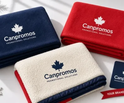 Canpromos branded custom fleece and sherpa throw blankets for Canadian corporate gifts