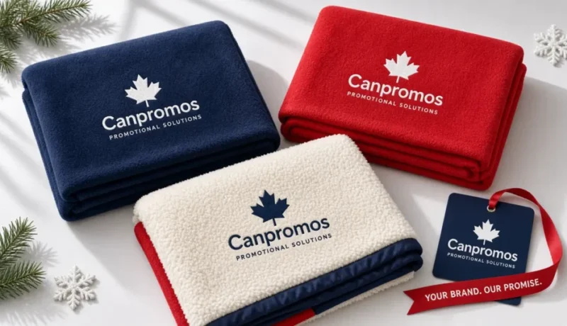 Canpromos branded custom fleece and sherpa throw blankets for Canadian corporate gifts