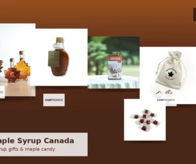 CanPromos branded maple syrup leaf bottles and maple candy flat-lay for custom maple syrup gifts Canada