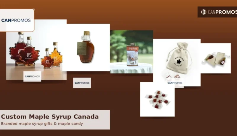 CanPromos branded maple syrup leaf bottles and maple candy flat-lay for custom maple syrup gifts Canada