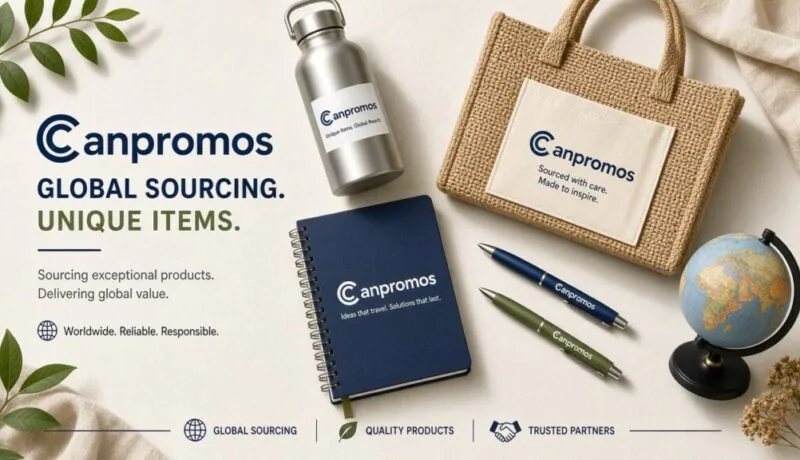 Assorted promotional products including a water bottle, notebook, tote bag, and pens.