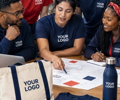 Nonprofit volunteers planning a mission-focused campaign with branded apparel, tote bags and drinkware.