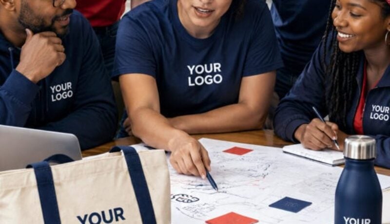 Nonprofit volunteers planning a mission-focused campaign with branded apparel, tote bags and drinkware.