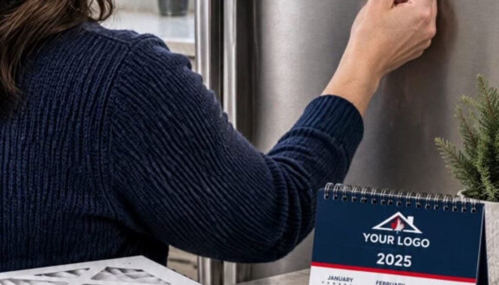 A homeowner placing a branded seasonal HVAC maintenance reminder magnet on a refrigerator.