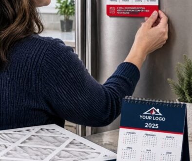 A homeowner placing a branded seasonal HVAC maintenance reminder magnet on a refrigerator.